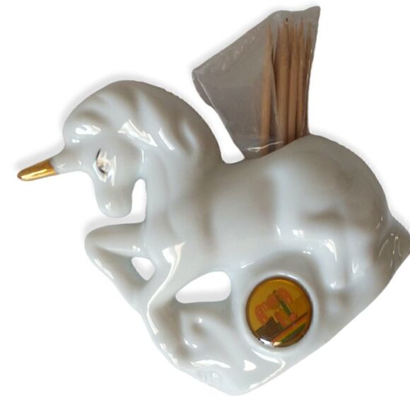 Vtg Atlanta GA Unicorn Toothpick Holder State Souvenir Ceramic Horse White Gold. - Picture 6 of 16